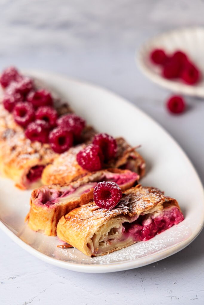 strudel with vanilla curd and raspberries